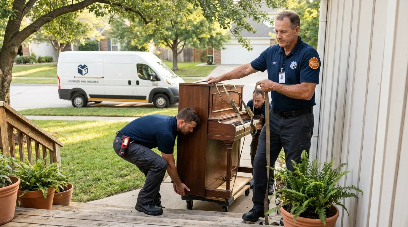 Licensed piano movers securing grand piano in Goochland, VA