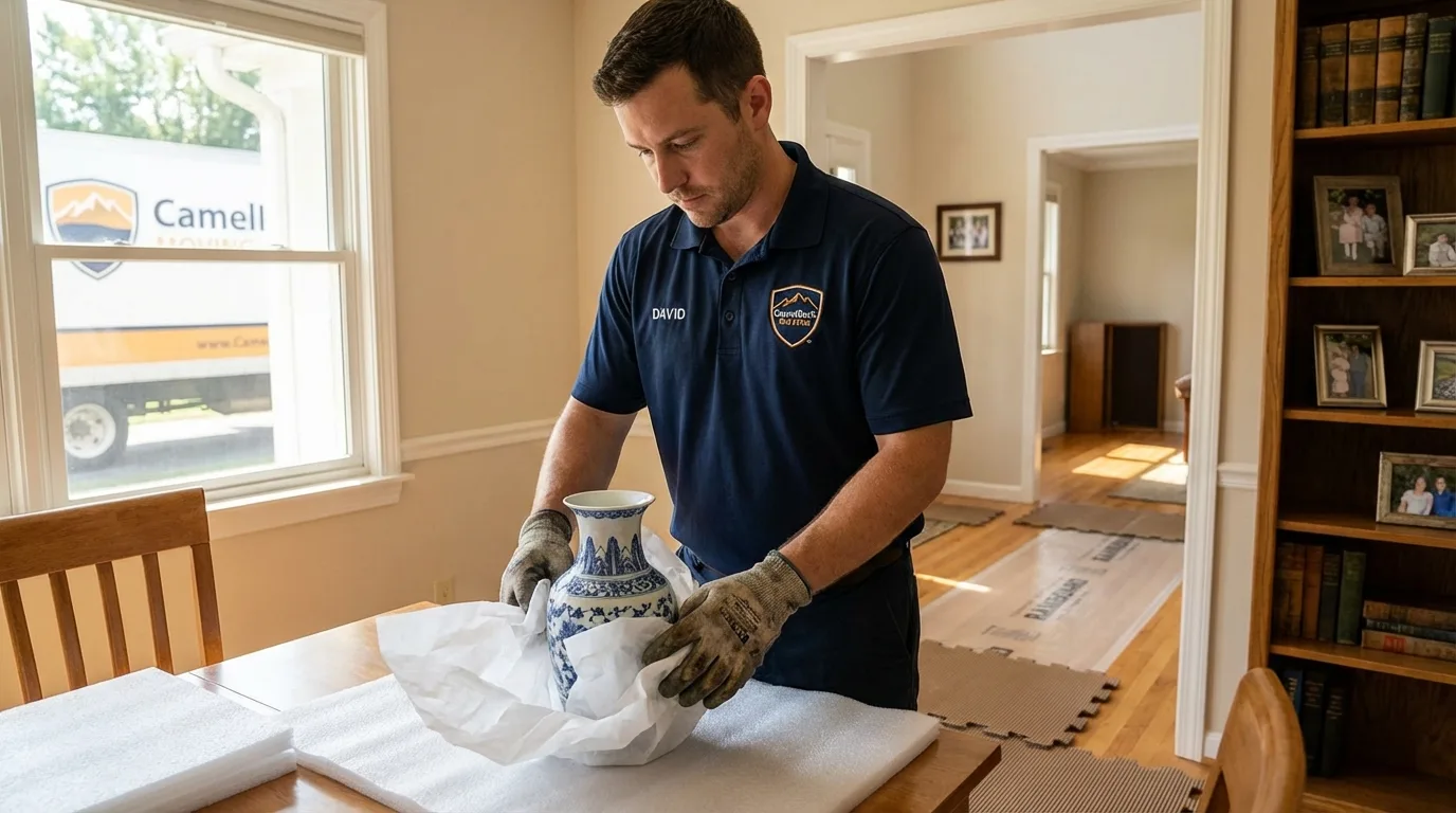 Professional crew carefully wrapping antique vase for senior downsizing move in Goochland, VA